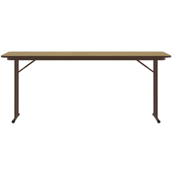 A rectangular brown Correll Fusion Maple seminar table with off-set legs.