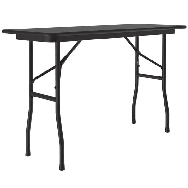 A black rectangular Correll folding table with metal legs.