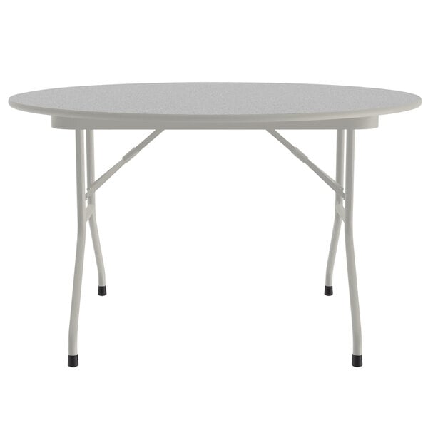A gray round folding table with a gray frame.