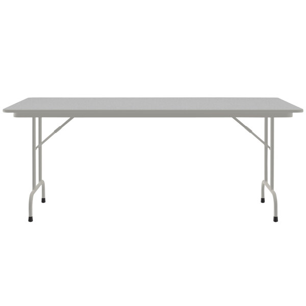 A gray rectangular Correll folding table with a gray metal frame.