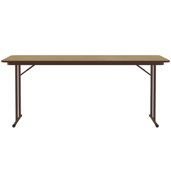 A brown rectangular Correll seminar table with black legs.