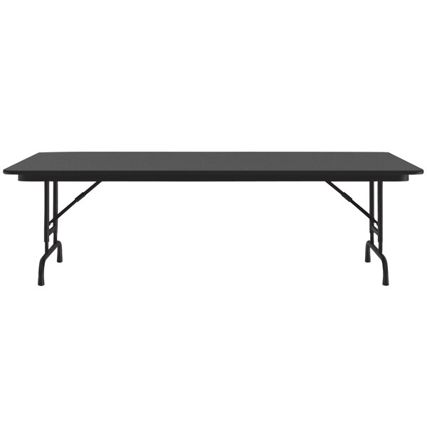A black rectangular Correll folding table with a metal frame.