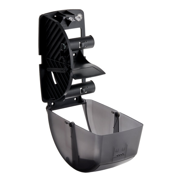 A black pearl-colored San Jamar Duett Classic toilet tissue dispenser with a translucent front cover and wall-mount design.