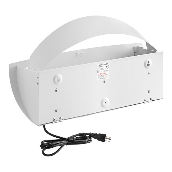 A white box with a white wall sconce inside and a black power cord attached to it.