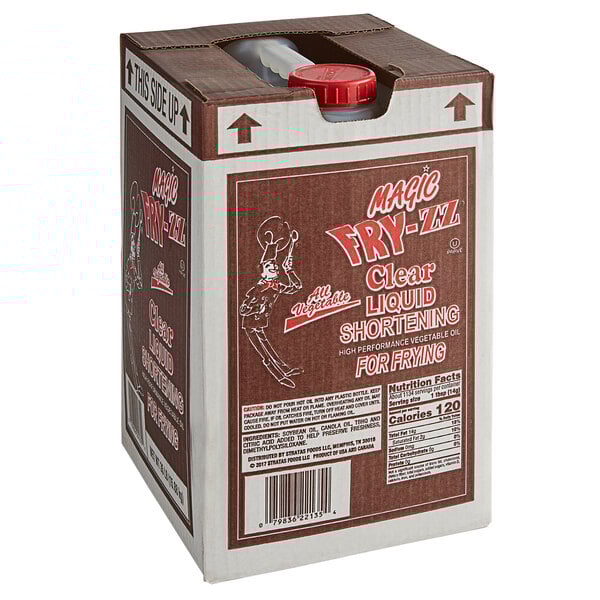 A brown and white carton of Admiration Magic Fry Clear Liquid Shortening with a red lid.