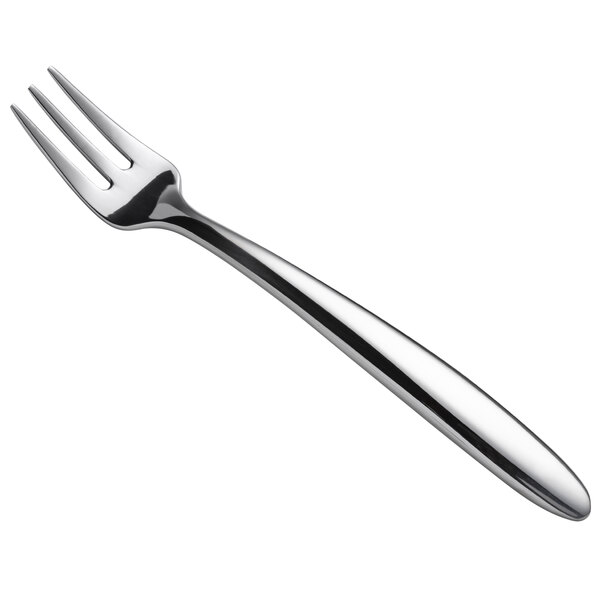 A close-up of a Oneida Glissade stainless steel oyster fork with a silver handle.