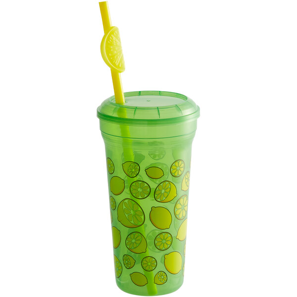 32 oz. Tall Plastic Green Lemon Quench Design Souvenir Cup with Straw ...