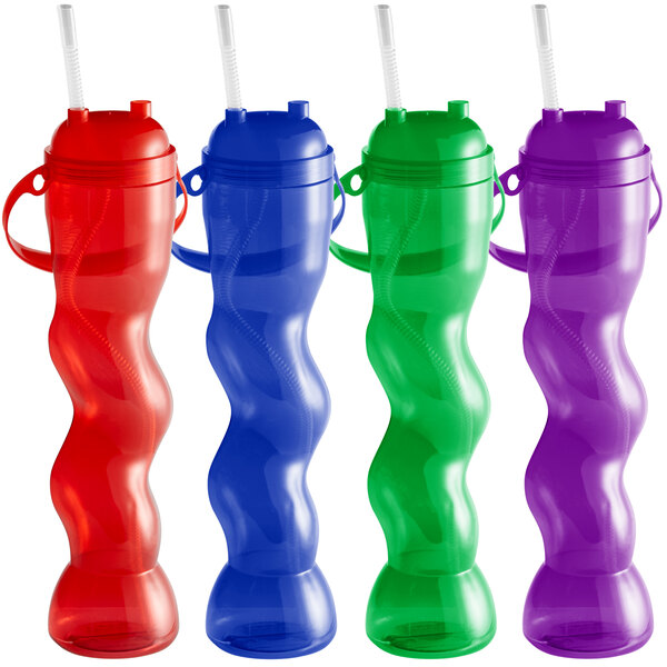 A group of assorted colored plastic squiggle yarders with lids and straws.