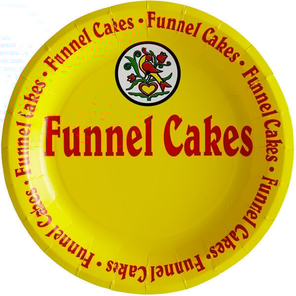 A yellow paper plate with red text that says "Funnel Cakes"