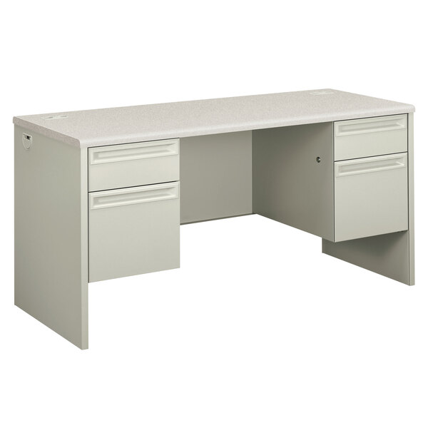 A silver and gray HON 38000 Series pedestal credenza with drawers.