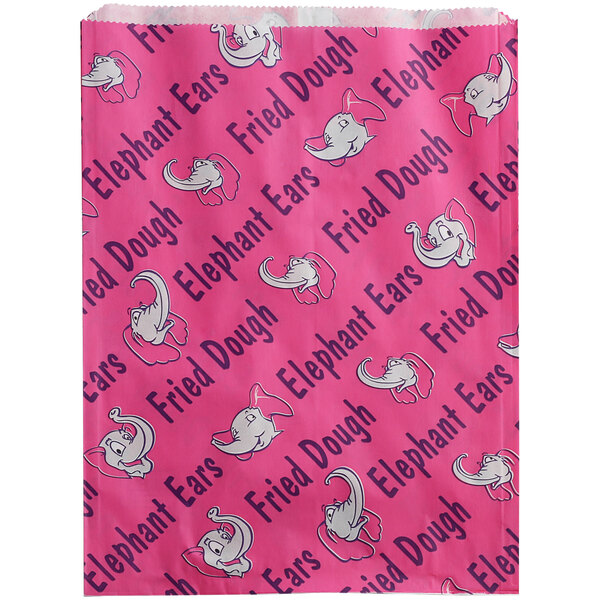 A pink bag with white elephant silhouettes and text that says "Elephant Ear" in pink.
