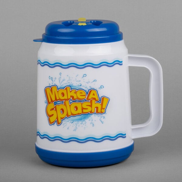 A white and blue plastic water jug with the words "Make a Splash" on the front.