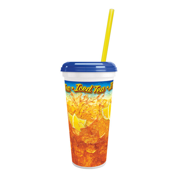 32 oz. Tall Plastic Iced Tea Design Souvenir Cup with Straw and Lid - 200/Case