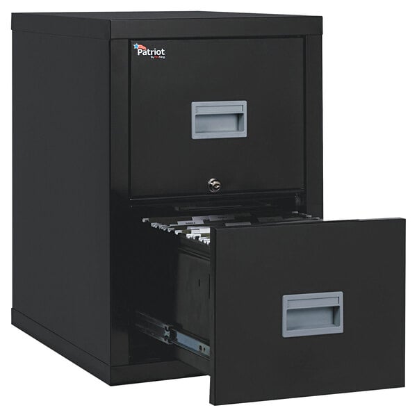 A black FireKing vertical file cabinet with two drawers.