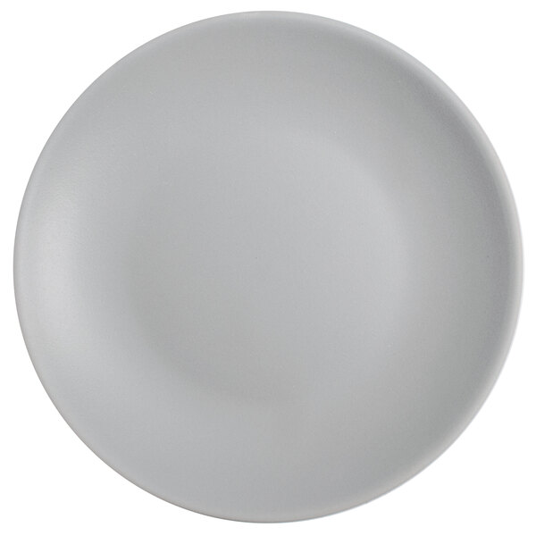 A Tuxton TuxTrendz Zion matte gray coupe china bread and butter plate with a small rim.