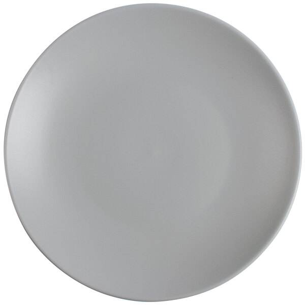 A close-up of a matte gray TuxTrendz Zion Coupe China Plate.