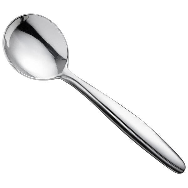 A Oneida stainless steel bouillon spoon with a silver handle.