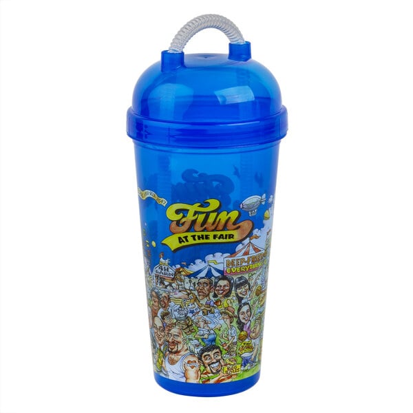 A blue plastic "Fun at the Fair" Tizzeroo cup with lid and straw.