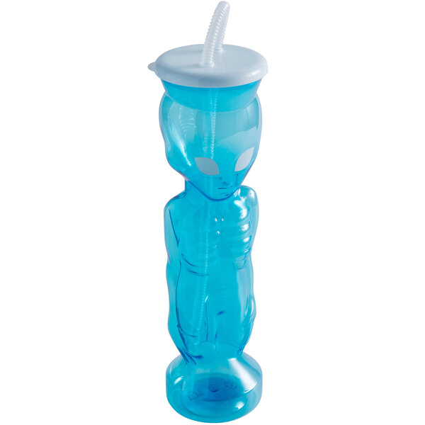 A blue plastic cup with a lid and straw.