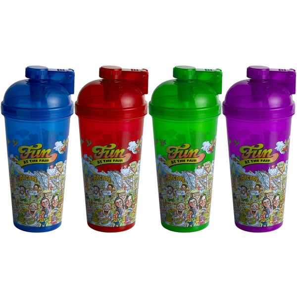 A group of 32 oz. assorted color plastic sports bottles with "Fun at the Fair" designs on them. Each bottle has a different colored lid.