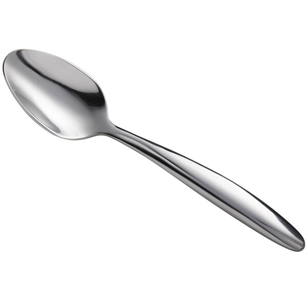 A Oneida Glissade silver stainless steel teaspoon with a white background.