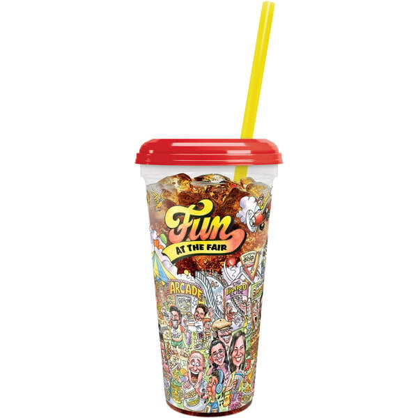 A 32 oz. clear plastic souvenir cup with a "Fun at the Fair" cartoon design and straw.