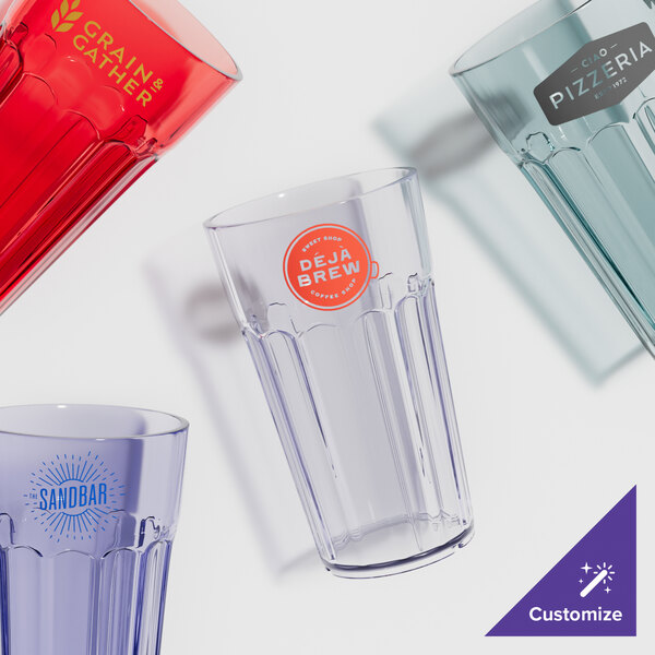 A group of clear GET Bahama plastic tumblers.