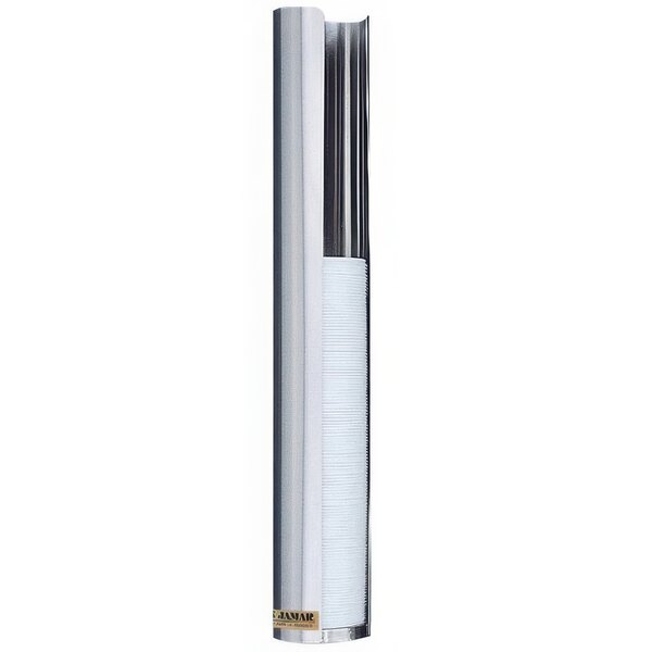 A stainless steel tube holding white lids.