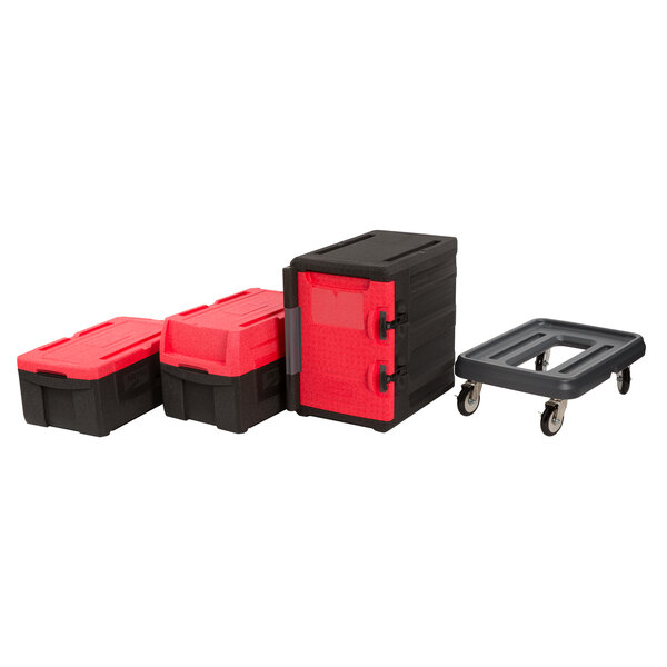 A white background with a black and red Metro Mightylite pan carrier kit and dolly.