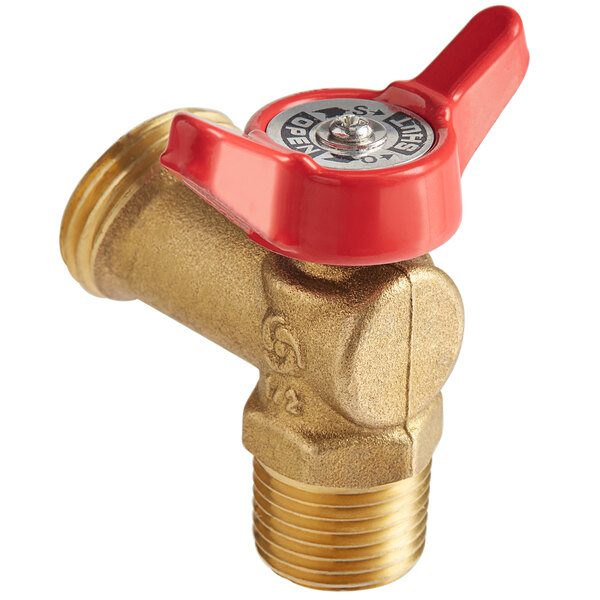 A brass faucet drain valve with red handles and knob.
