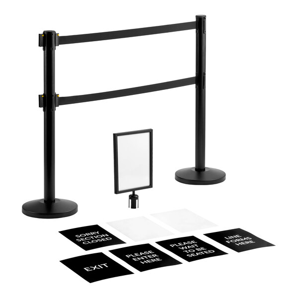 Lancaster Table & Seating Black 40" ADA Compliant Crowd Control / Guidance Stanchion Kit including Frame & Sign Set with Clear Covers