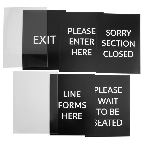 A Lancaster Table & Seating black stanchion sign frame with a clear cover holding a black sign with white text.