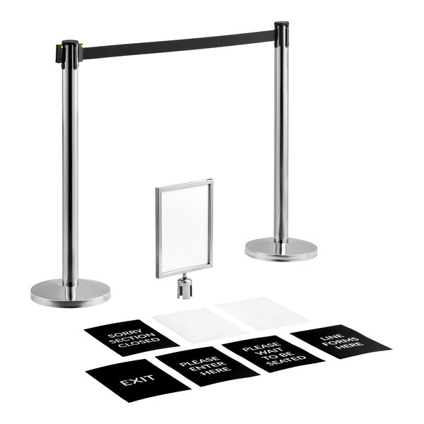 Lancaster Table & Seating Stainless Steel 40" Crowd Control / Guidance Stanchion Kit including Frame & Sign Set with Clear Covers