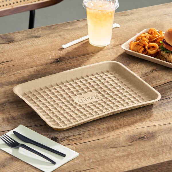 A rectangular molded fiber tray with a textured surface, designed for serving food.