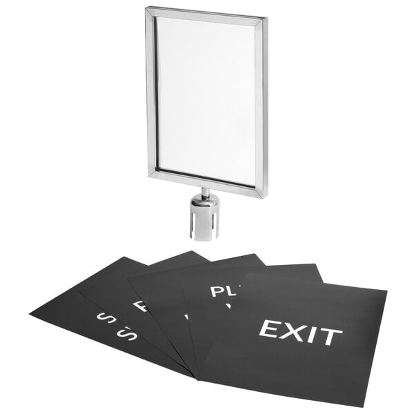 A white rectangular sign frame with clear covers holding black signs.