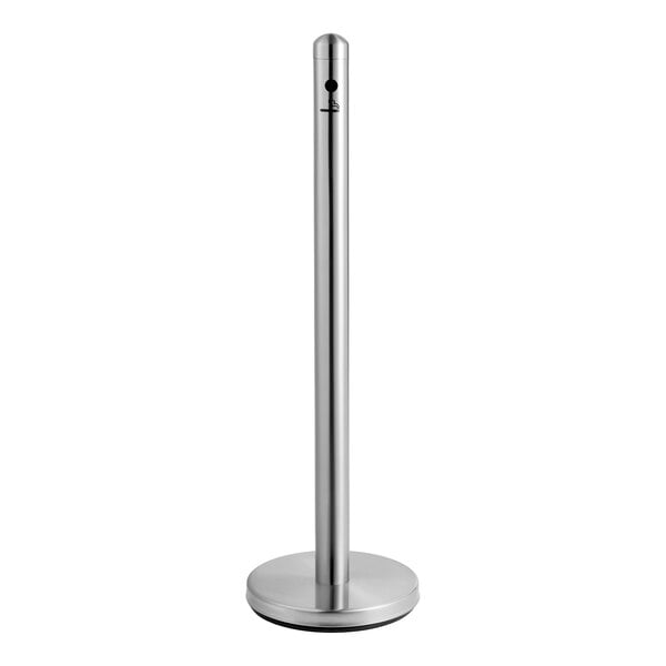 A stainless steel free standing smoker pole with a round base.