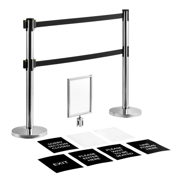 Lancaster Table & Seating Stainless Steel 40" ADA Compliant Crowd Control / Guidance Stanchion Kit including Frame & Sign Set with Clear Covers