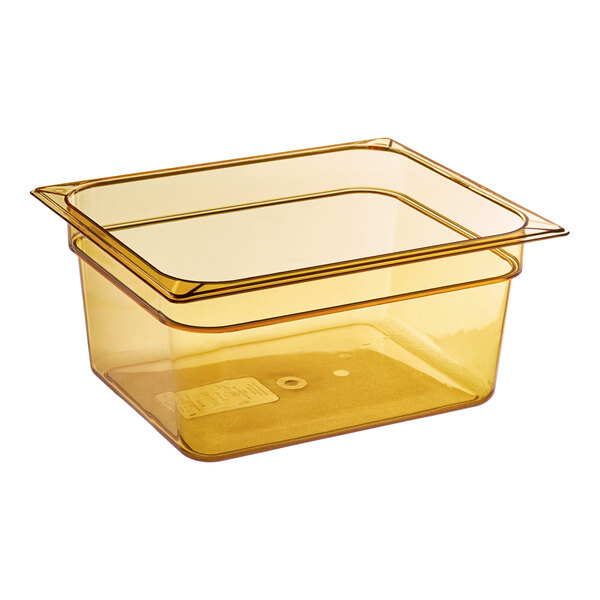 A Carlisle amber plastic food pan with a lid.