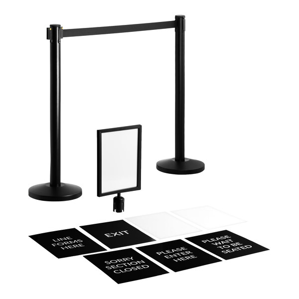 Lancaster Table & Seating Black 40" Crowd Control / Guidance Stanchion Kit including Frame & Sign Set with Clear Covers