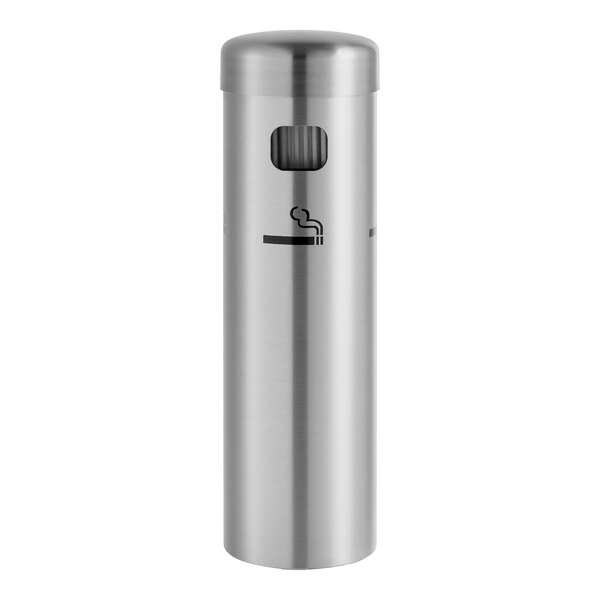 A stainless steel wall-mounted cigarette receptacle.