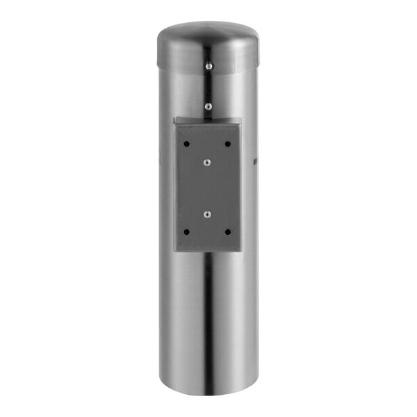 A stainless steel wall mounted cigarette receptacle.