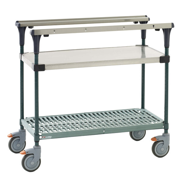 A Metro stainless steel cart with two SuperErecta Pro shelves on wheels.