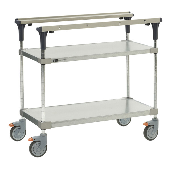 A Metro PrepMate MultiStation metal cart with two shelves and wheels.