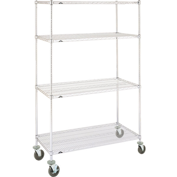 A chrome Metro wire shelving unit with polyurethane casters.