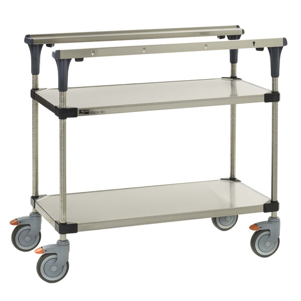 a metal cart with wheels