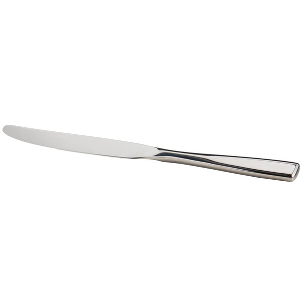 A close up of a Oneida Tidal stainless steel table knife with a silver handle.