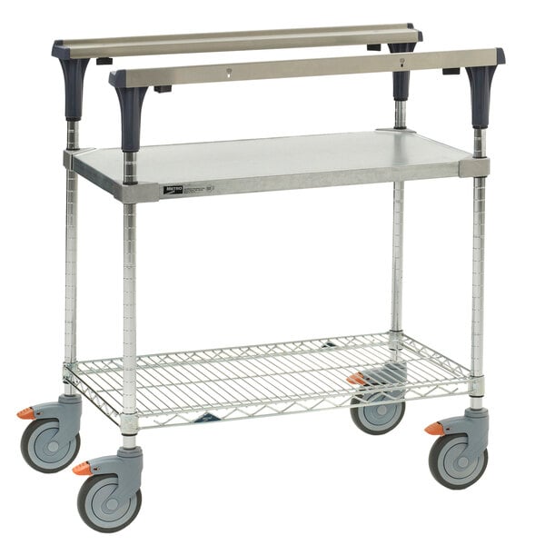 A Metro stainless steel PrepMate MultiStation cart with two shelves and wheels.