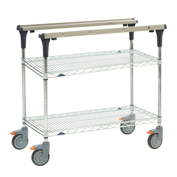A silver and black Metro PrepMate MultiStation with wheels.