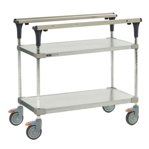A silver Metro PrepMate MultiStation with galvanized shelves and black handles.