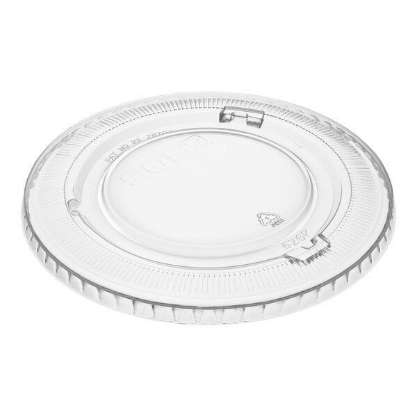 A clear flat plastic non-vented lid designed for disposable cups.
